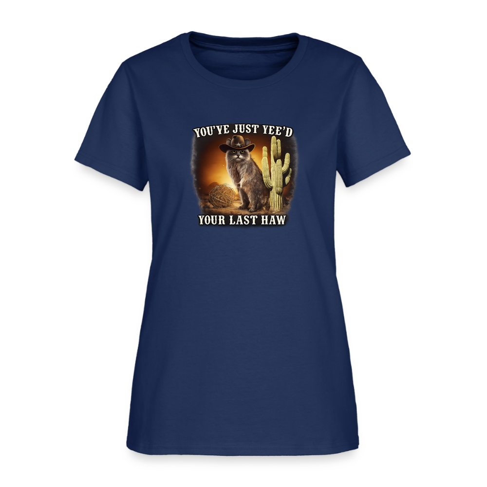 Yee'd Your Last Haw Women's Tee - Cowboy Cat Showdown -  blue dusk