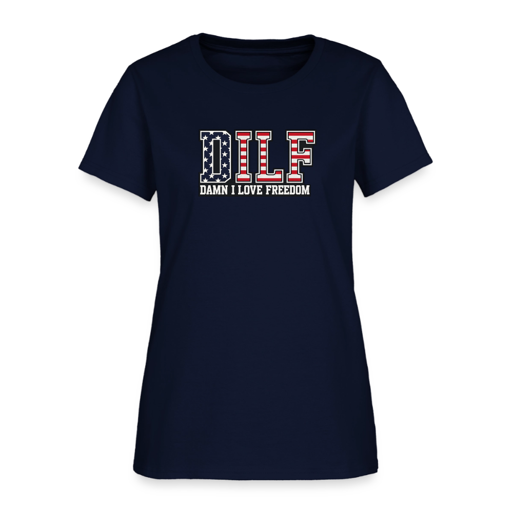 DILF Damn I Love Freedom Women's Tee - Patriotic American Flag Tee - navy