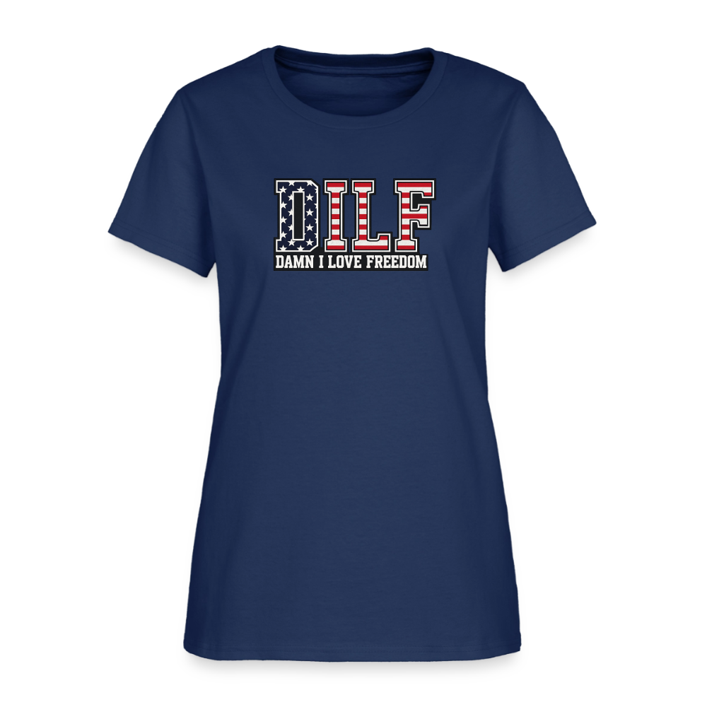 DILF Damn I Love Freedom Women's Tee - Patriotic American Flag Tee -  blue dusk